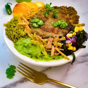 Milanesa Vegana con Arroz de Lechuga.